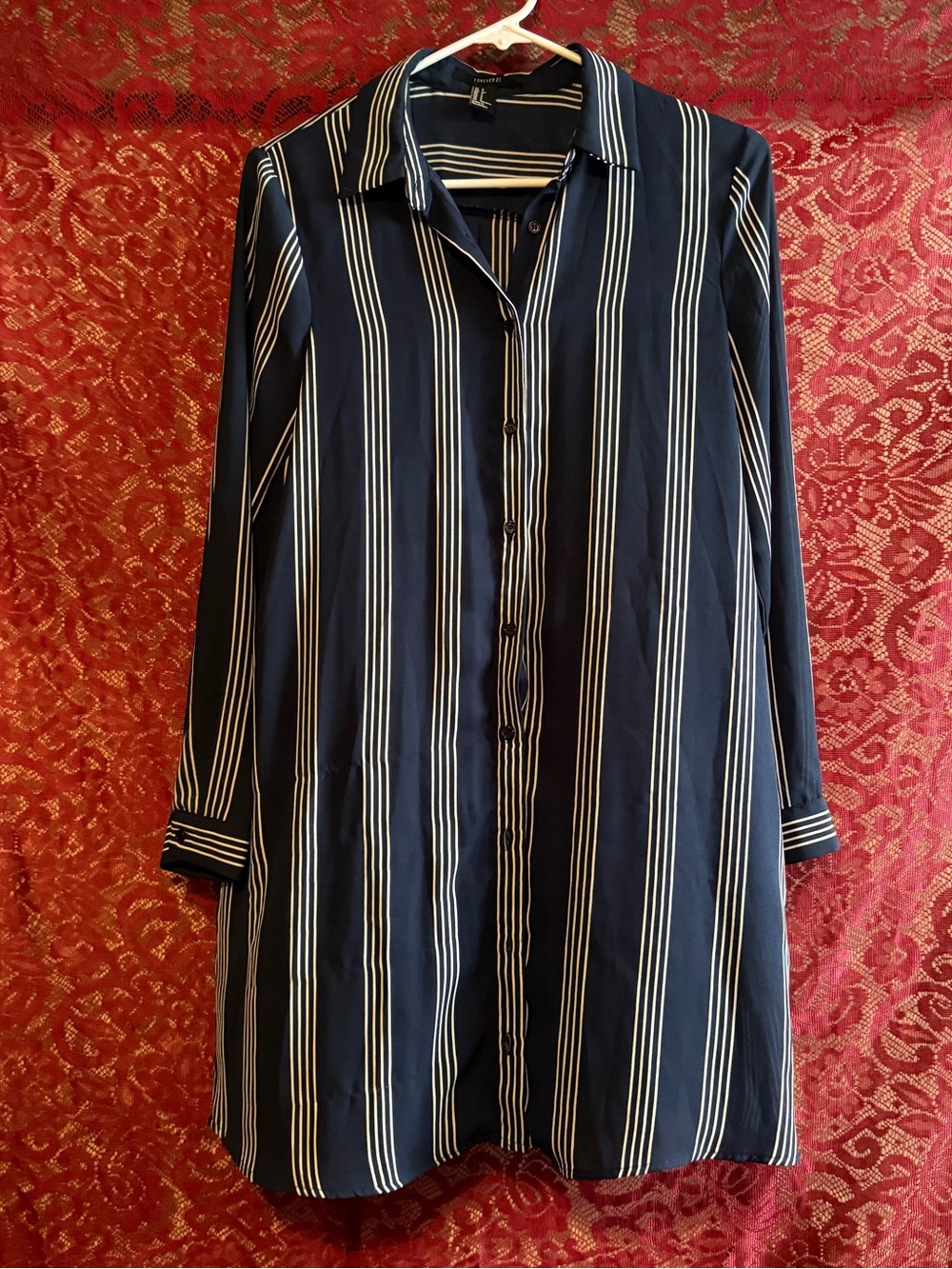 Forever 21 Navy Blue Striped Shirt Dress - Small | Nautical Preppy Chic
